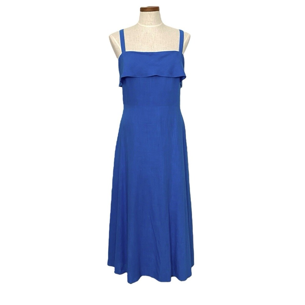 Ann Taylor Sundress 12 Bright Blue Viscose Linen Sleeveless Midi Lined Dress
